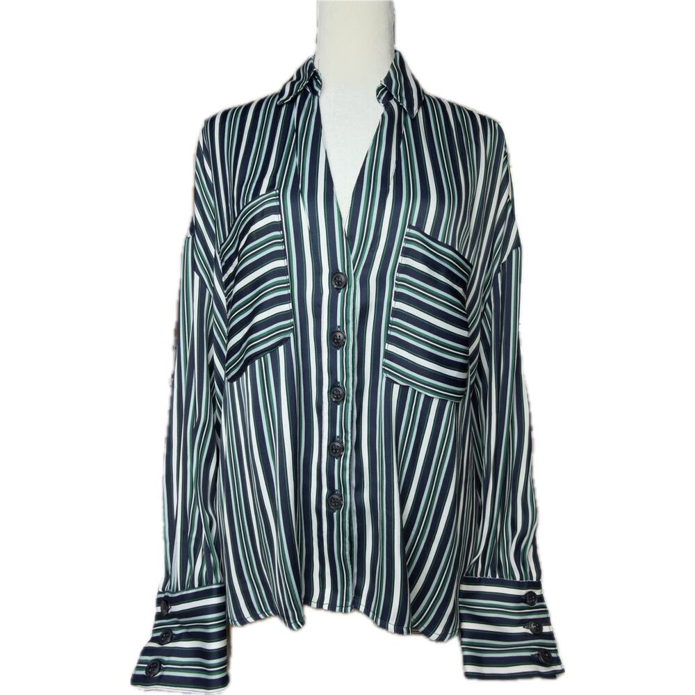 Free People Mad About You Striped Button Down‎ Blouse Green Navy Women’s XS